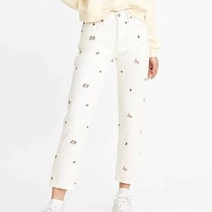 NEW Levi’s Premium 501 Floral Embroidered Cropped Jeans White Size 28